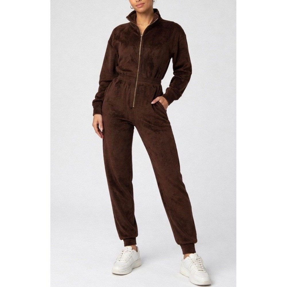 Fabletics Cozy Cord Zip Jumpsuit Cacao Brown Full Zip Jogger XL SOFT Pockets